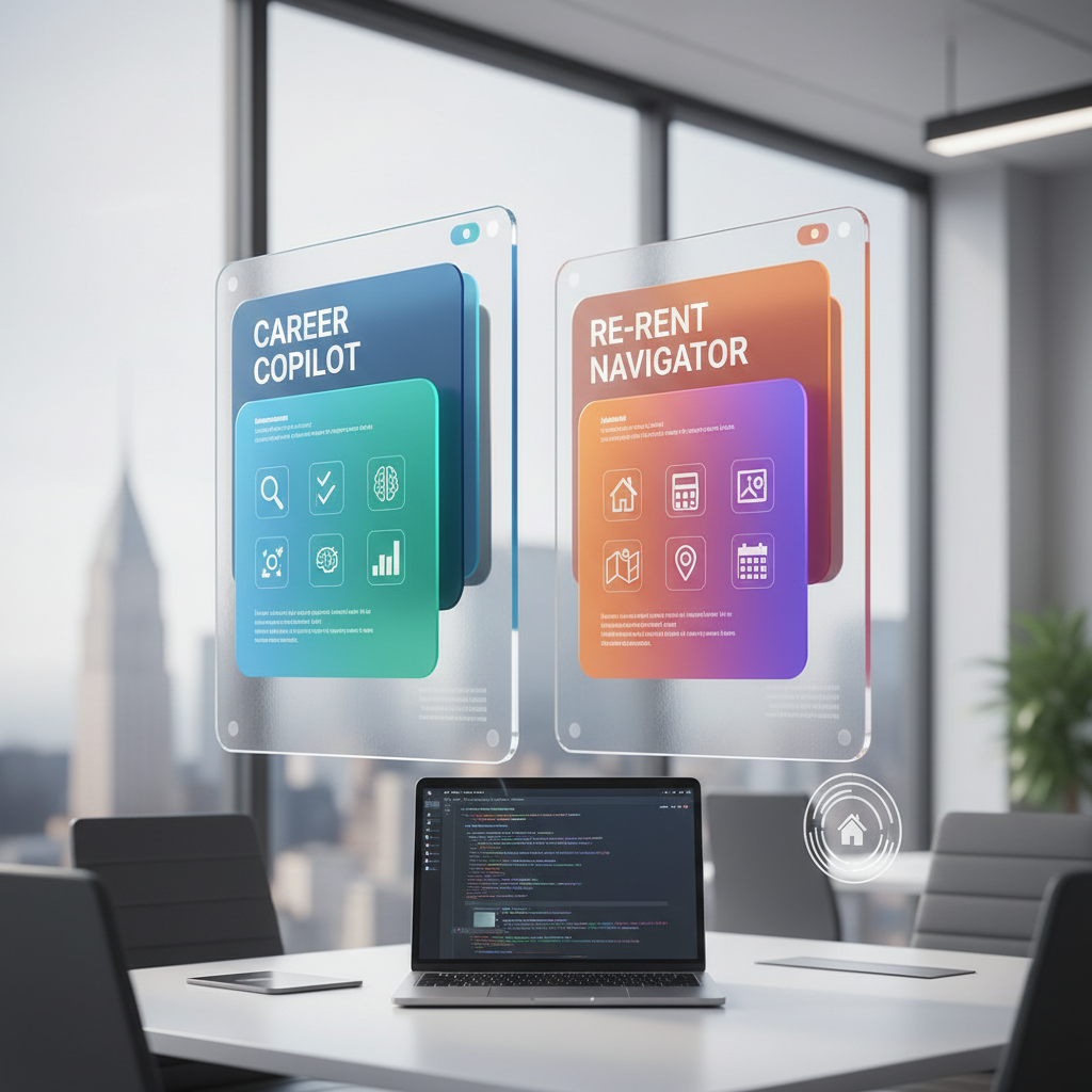 Career Copilot and Re-Rent Navigator interfaces displayed on glass panels above a laptop showing code, representing modern professional workspace technology